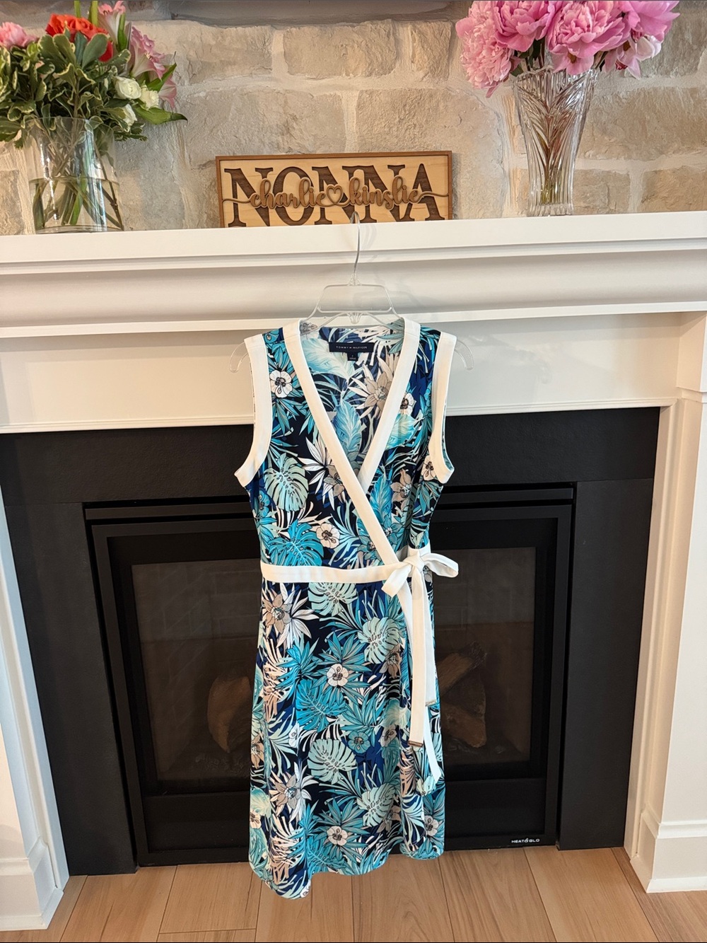 Tommy Hilfiger Teal and Navy Tropical Wrap Dress with White Trim